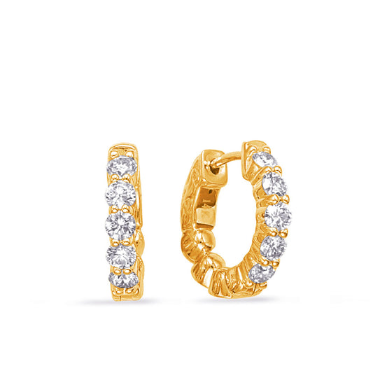 This Earring is available in 14K Yellow Gold. There are a total of 10 stones. There are Rounds with a total carat weight of 1.5 set in a Prong Set setting.