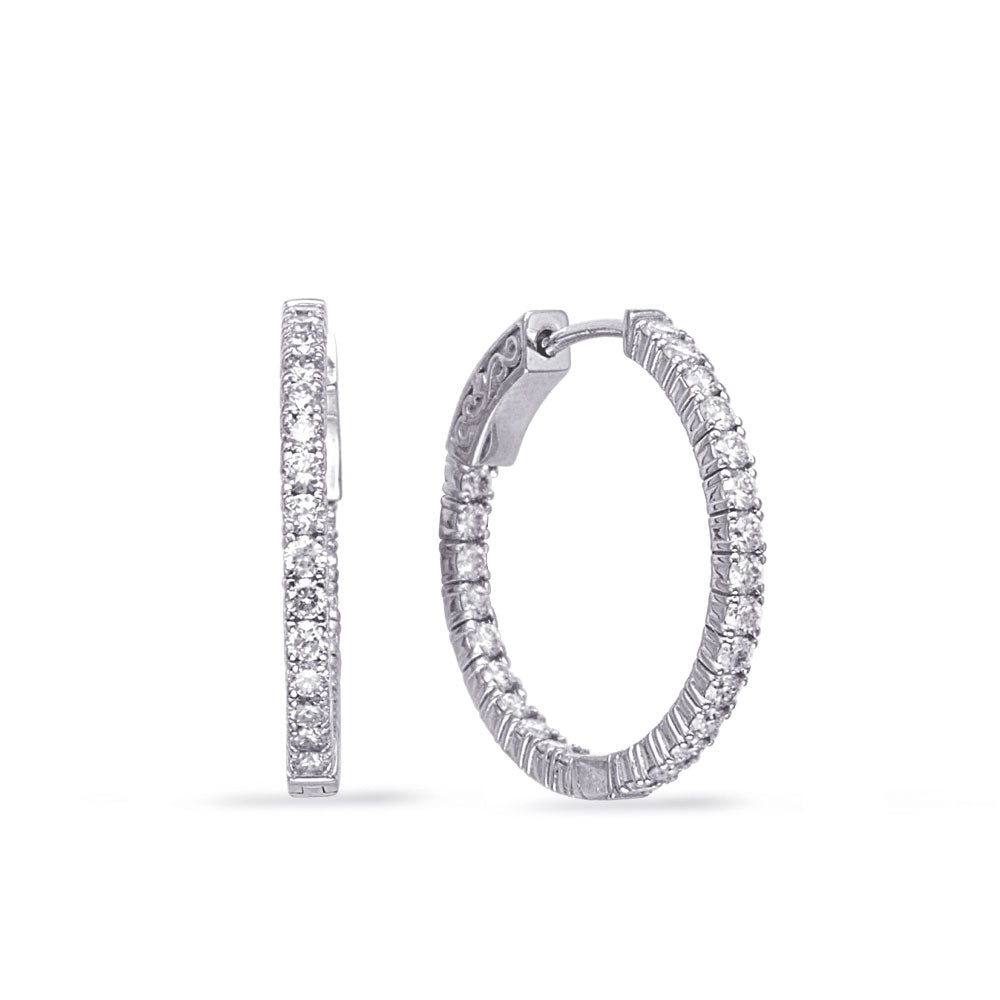 This Earring is available in 14K White Gold. There are a total of 50 stones. There are Rounds with a total carat weight of 1 set in a Prong Set setting.