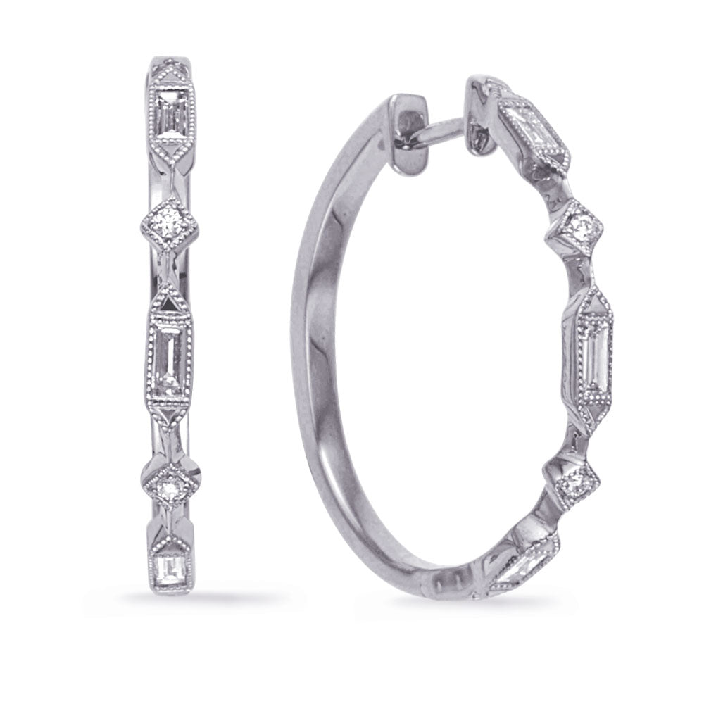 This Earring is available in 14K White Gold. There are a total of 10 stones. There are Baguette with a total carat weight of 0.33 set in a Channel Set|Micro Prong setting.There are Rounds stones with a total carat weight of 0.03 set in a Channel Set|Micro Prong.