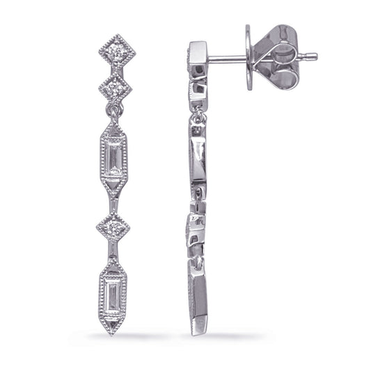 This Earring is available in 14K White Gold. There are a total of 10 stones. There are Baguette with a total carat weight of 0.28 set in a Channel Set|Micro Prong setting.There are Rounds stones with a total carat weight of 0.08 set in a Channel Set|Micro Prong.