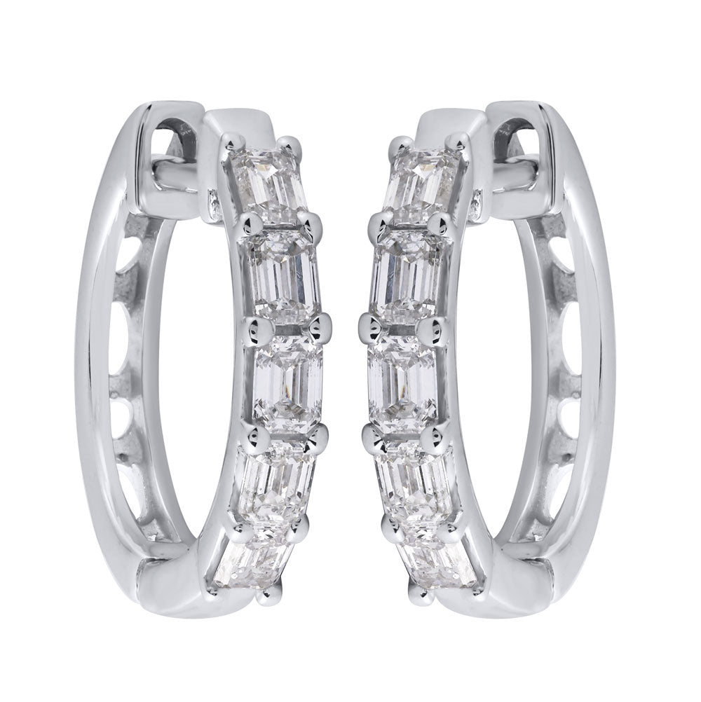 This Earring is available in 14K White Gold. There are a total of 10 stones. There are Emerald Cut with a total carat weight of 0.75 set in a setting.
