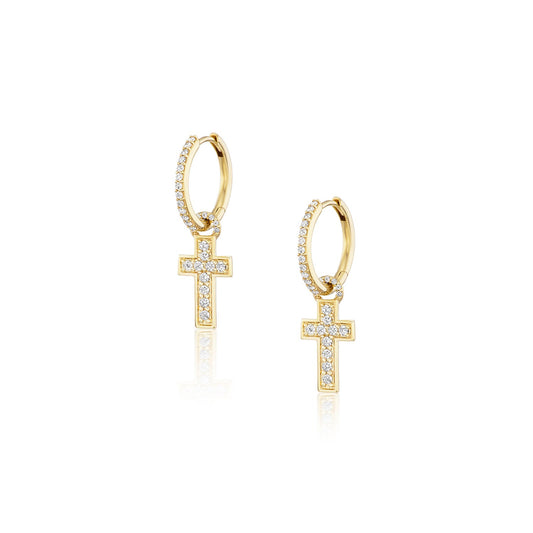 14k Diamond Cross Charm on Diamond Huggie Earrings