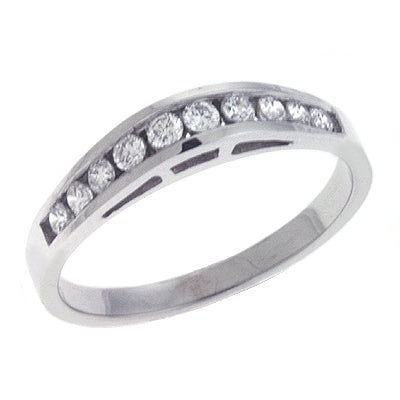This Band is available in 14K White Gold. There are a total of 10 stones. There are Round with a total carat weight of 0.28 set in a Channel Set setting.