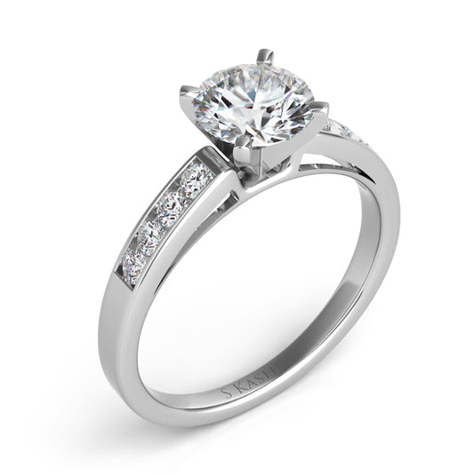 This Engagement Ring is available in 14K White Gold. There are a total of 8 stones. There are Rounds with a total carat weight of 0.22 set in a Channel Set setting.