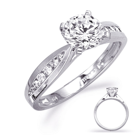 This Engagement Ring is available in 14K White Gold. There are a total of 12 stones. There are Rounds with a total carat weight of 0.2 set in a Channel Set setting.