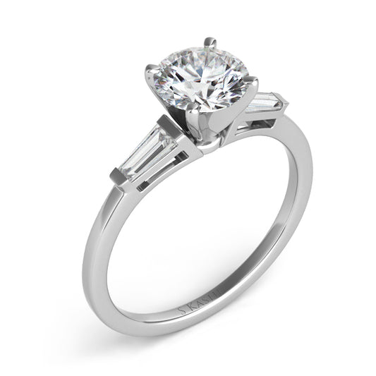 This Engagement Ring is available in 14K White Gold. There are a total of 2 stones. There are Tapered Baguettes with a total carat weight of 0.2 set in a Channel Set setting.