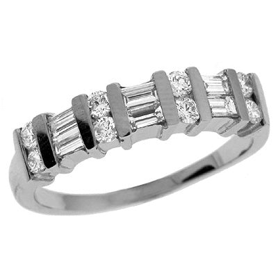 This Band is available in 14K White Gold. There are a total of 14 stones. There are Baguette with a total carat weight of 0.3 set in a setting.There are Round stones with a total carat weight of 0.2 set in a .