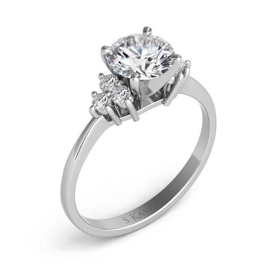 This Engagement Ring is available in 14K White Gold. There are a total of 6 stones. There are Rounds with a total carat weight of 0.18 set in a Prong Set setting.