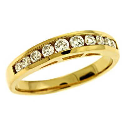 This Band is available in 14K Yellow Gold. There are a total of 11 stones. There are Round with a total carat weight of 0.41 set in a Channel Set setting.