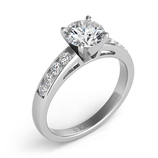 This Engagement Ring is available in 14K White Gold. There are a total of 8 stones. There are Rounds with a total carat weight of 0.29 set in a Channel Set setting.