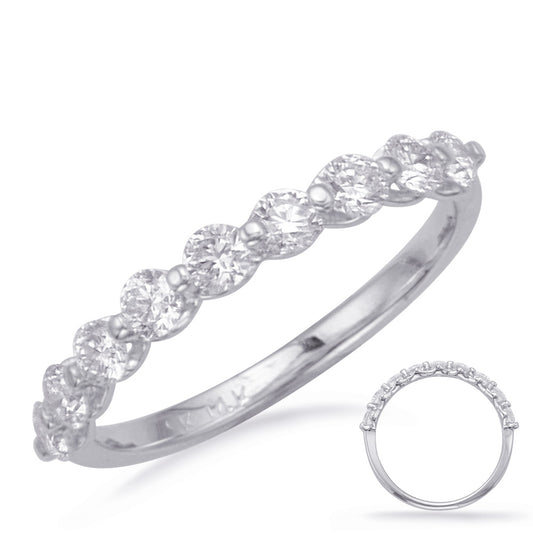 This Band is available in 14K White Gold. There are a total of 9 stones. There are Round with a total carat weight of 0.65 set in a Prong Set|Shared Prongs setting.