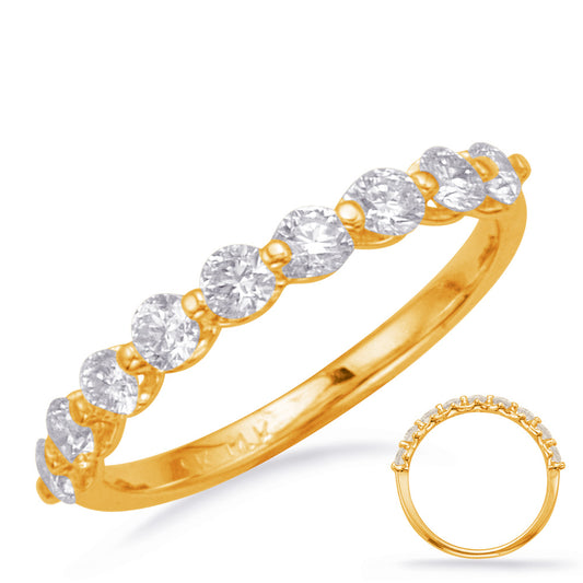 This Band is available in 14K Yellow Gold. There are a total of 9 stones. There are Round with a total carat weight of 0.65 set in a Prong Set|Shared Prongs setting.