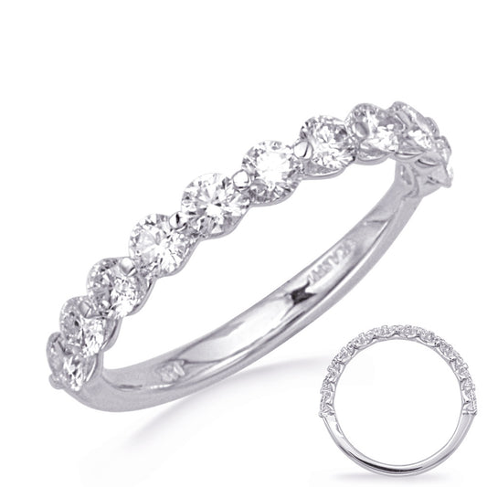 This Band is available in 14K White Gold. There are a total of 11 stones. There are Round with a total carat weight of 1.01 set in a Shared Prongs setting.