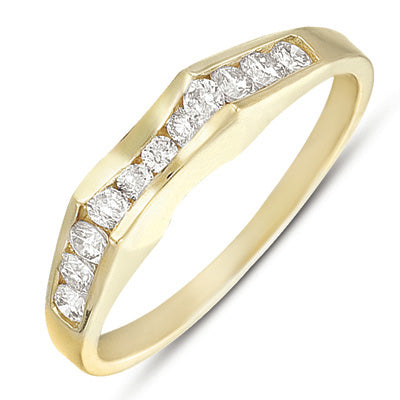 This Band is available in 14K Yellow Gold. There are a total of 11 stones. There are Round with a total carat weight of 0.4 set in a Channel Set setting.
