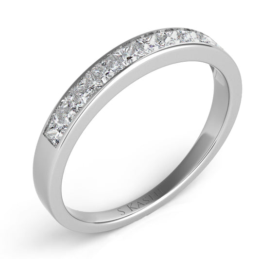 This Band is available in 14K White Gold. There are a total of 10 stones. There are Princess with a total carat weight of 0.45 set in a setting.