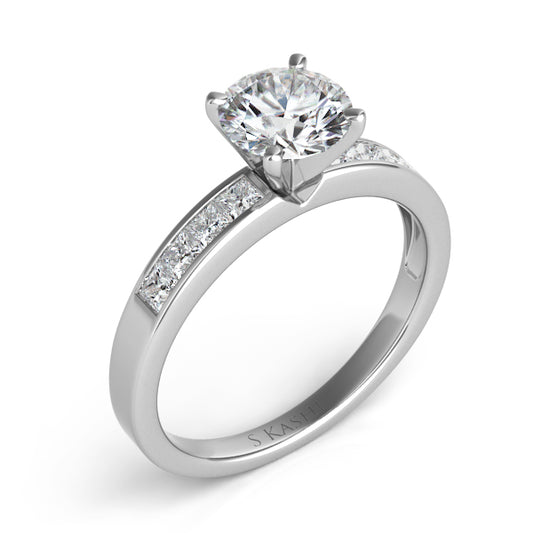 This Engagement Ring is available in 14K White Gold. There are a total of 8 stones. There are Princess with a total carat weight of 0.4 set in a Channel Set setting.