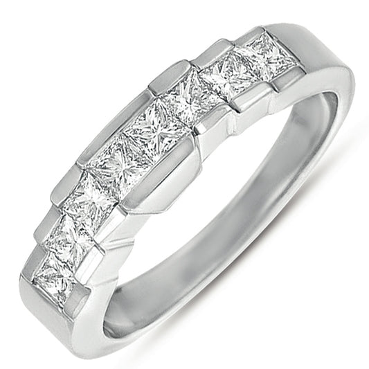 This Band is available in 14K White Gold. There are a total of 8 stones. There are Princess with a total carat weight of 0.75 set in a setting.
