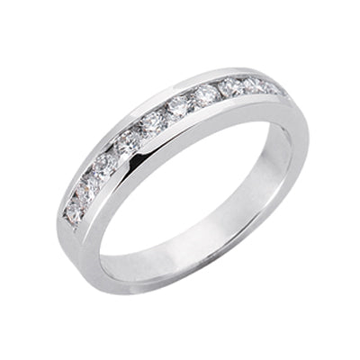 This Band is available in 14K White Gold. There are a total of 11 stones. There are Round with a total carat weight of 0.47 set in a setting.