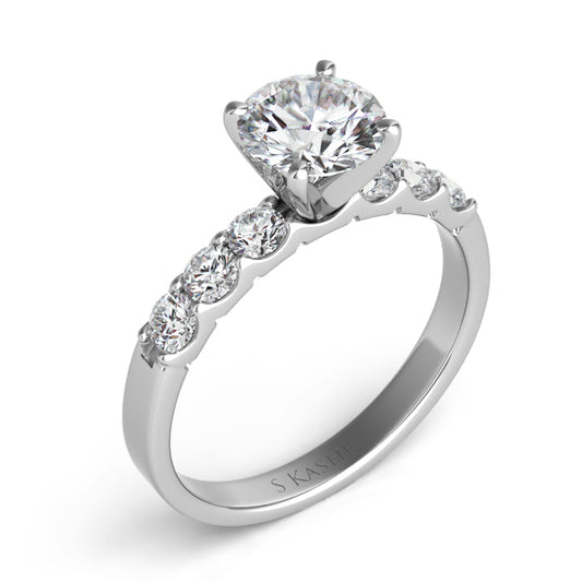 This Engagement Ring is available in 14K White Gold. There are a total of 6 stones. There are Rounds with a total carat weight of 0.43 set in a Prong Set setting.