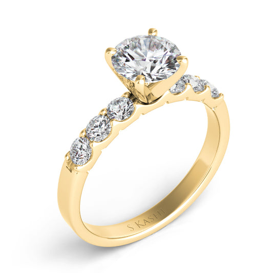 This Engagement Ring is available in 14K Yellow Gold. There are a total of 6 stones. There are Rounds with a total carat weight of 0.43 set in a Prong Set setting.