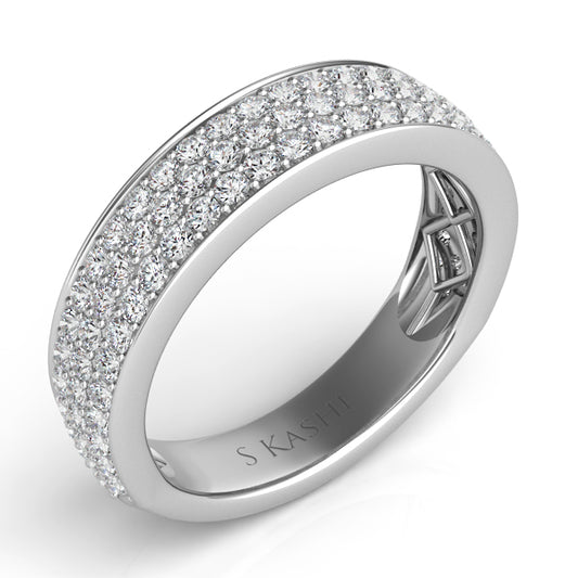 This Band is available in 14K White Gold. There are a total of 85 stones. There are Round with a total carat weight of 0.97 set in a Micro Pave setting.