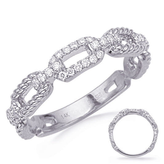 This Band is available in 14K White Gold. There are a total of 28 stones. There are Round with a total carat weight of 0.16 set in a Micro Prong setting.