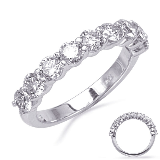 This Band is available in 14K White Gold. There are a total of 9 stones. There are Round with a total carat weight of 1.62 set in a Shared Prongs setting.