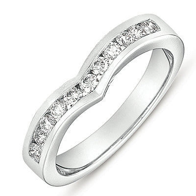 This Band is available in 14K White Gold. There are a total of 11 stones. There are Round with a total carat weight of 0.37 set in a Channel Set setting.