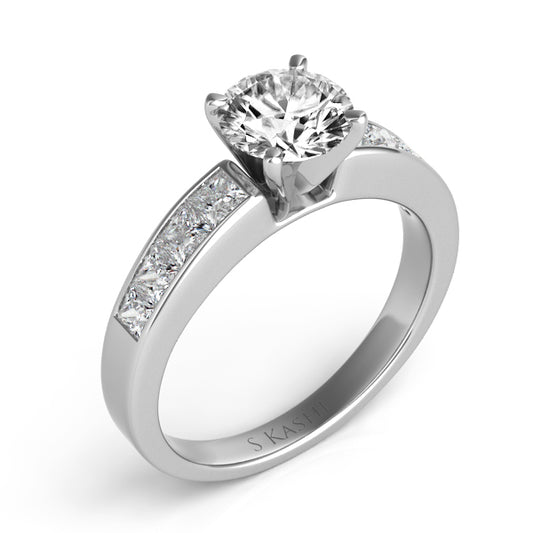 This Engagement Ring is available in 14K White Gold. There are a total of 8 stones. There are Princess with a total carat weight of 0.6 set in a Channel Set setting.