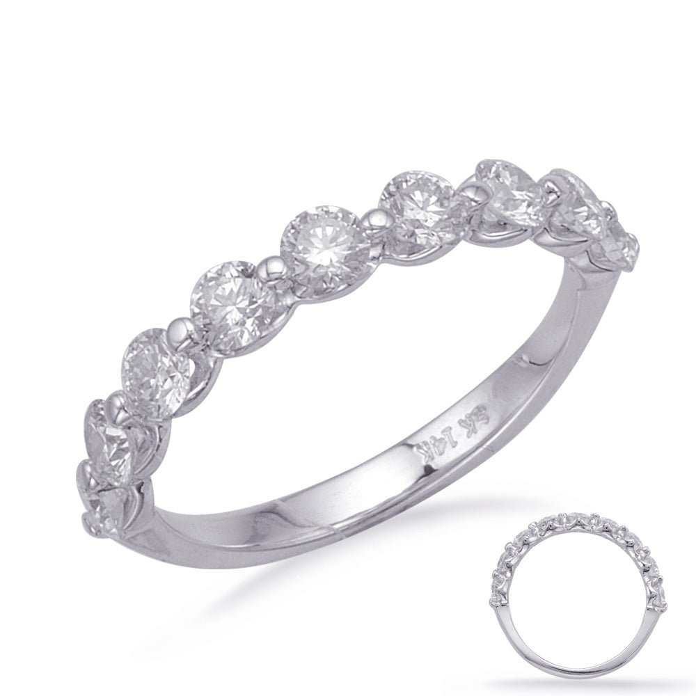 This Band is available in 14K White Gold. There are a total of 9 stones. There are Round with a total carat weight of 1.1 set in a setting.