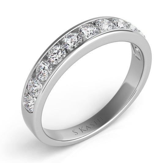 This Band is available in 14K White Gold. There are a total of 11 stones. There are Round with a total carat weight of 0.68 set in a Channel Set setting.