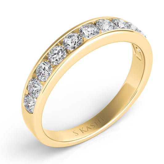 This Band is available in 14K Yellow Gold. There are a total of 11 stones. There are Round with a total carat weight of 0.68 set in a Channel Set setting.