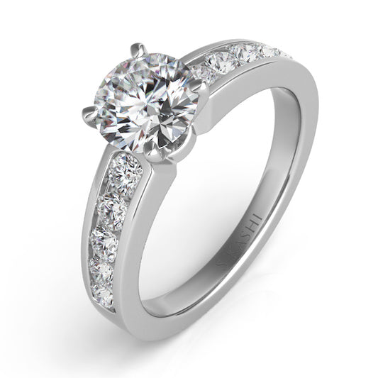 This Engagement Ring is available in 14K White Gold. There are a total of 10 stones. There are Rounds with a total carat weight of 0.49 set in a Channel Set setting.