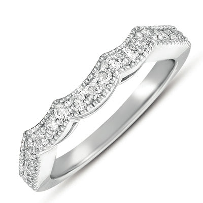 This Band is available in 14K White Gold. There are a total of 17 stones. There are Round with a total carat weight of 0.37 set in a setting.