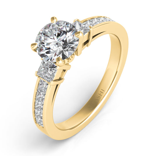 This Engagement Ring is available in 14K Yellow Gold. There are a total of 12 stones. There are Princess with a total carat weight of 0.6 set in a Channel Set|Prong Set setting.
