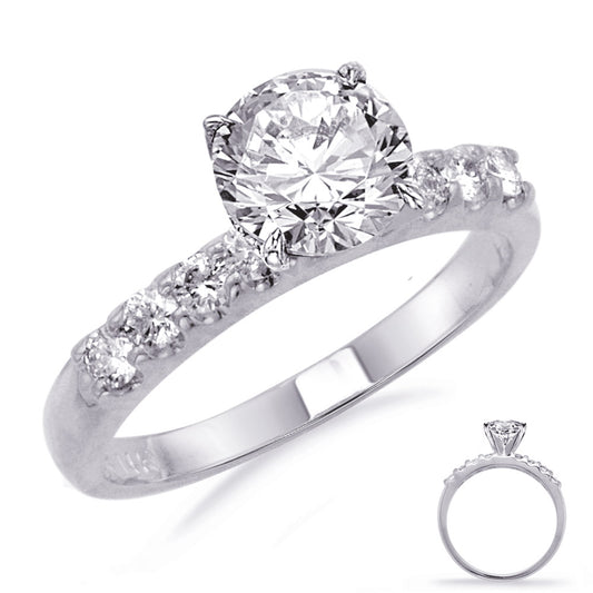 This Engagement Ring is available in 14K White Gold. There are a total of 8 stones. There are Rounds with a total carat weight of 0.34 set in a Prong Set setting.