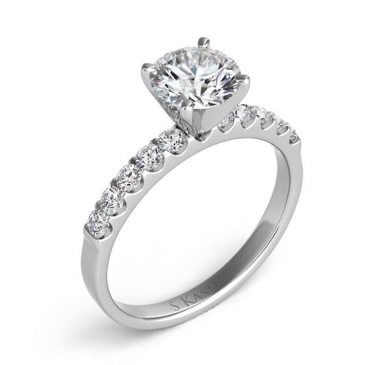 This Engagement Ring is available in 14K White Gold. There are a total of 10 stones. There are Rounds with a total carat weight of 0.39 set in a Prong Set setting.