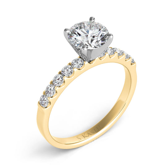 This Engagement Ring is available in 14K Yellow Gold. There are a total of 10 stones. There are Rounds with a total carat weight of 0.39 set in a Prong Set setting.