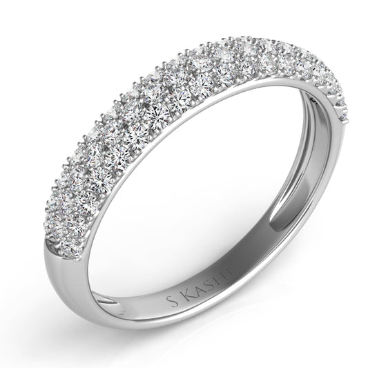 This Band is available in 14K White Gold. There are a total of 53 stones. There are Round with a total carat weight of 0.56 set in a Micro Pave setting.