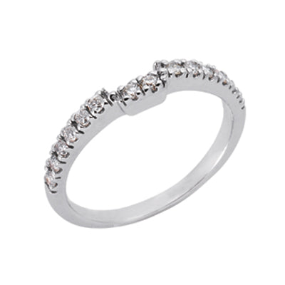 This Band is available in 14K White Gold. There are a total of 15 stones. There are Round with a total carat weight of 0.27 set in a setting.