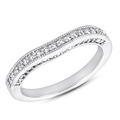 This Band is available in 14K White Gold. There are a total of 55 stones. There are Round with a total carat weight of 0.35 set in a Micro Pave setting.