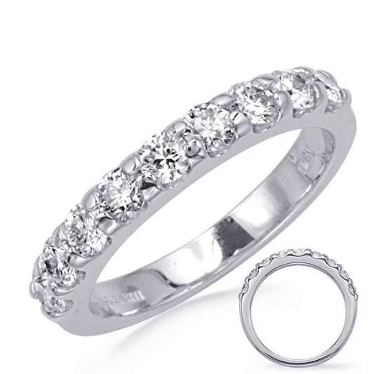 This Band is available in 14K White Gold. There are a total of 9 stones. There are Round with a total carat weight of 0.9 set in a setting.