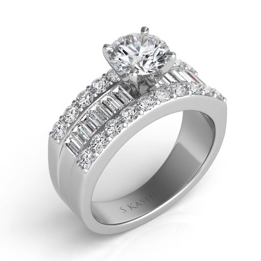 This Engagement Ring is available in 14K White Gold. There are a total of 32 stones. There are Baguette with a total carat weight of 0.64 set in a Channel Set|Prong Set setting.There are Rounds stones with a total carat weight of 0.76 set in a Channel Set|Prong Set.
