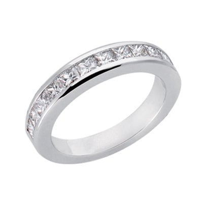 This Band is available in 14K White Gold. There are a total of 12 stones. There are Princess with a total carat weight of 1.15 set in a Channel Set setting.