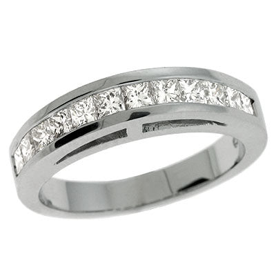 This Band is available in 14K White Gold. There are a total of 12 stones. There are Princess with a total carat weight of 0.9 set in a Channel Set setting.