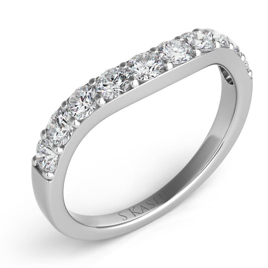 This Band is available in 14K White Gold. There are a total of 10 stones. There are Round with a total carat weight of 0.83 set in a setting.