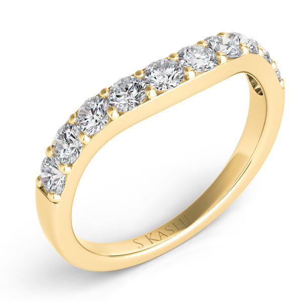 This Band is available in 14K Yellow Gold. There are a total of 10 stones. There are Round with a total carat weight of 0.83 set in a  setting.