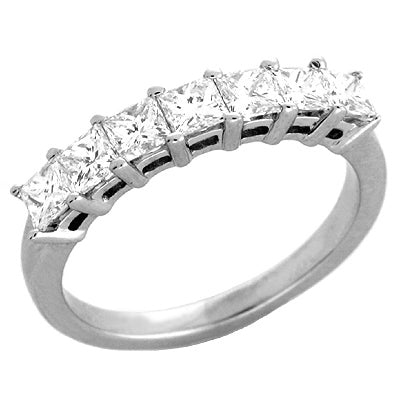 This Band is available in 14K White Gold. There are a total of 7 stones. There are Princess with a total carat weight of 1.19 set in a setting.