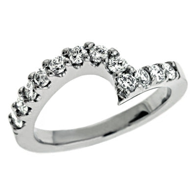 This Band is available in 14K White Gold. There are a total of 12 stones. There are Round with a total carat weight of 0.59 set in a Prong Set setting.