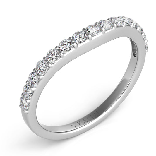 This Band is available in 14K White Gold. There are a total of 15 stones. There are Round with a total carat weight of 0.45 set in a Prong Set setting.